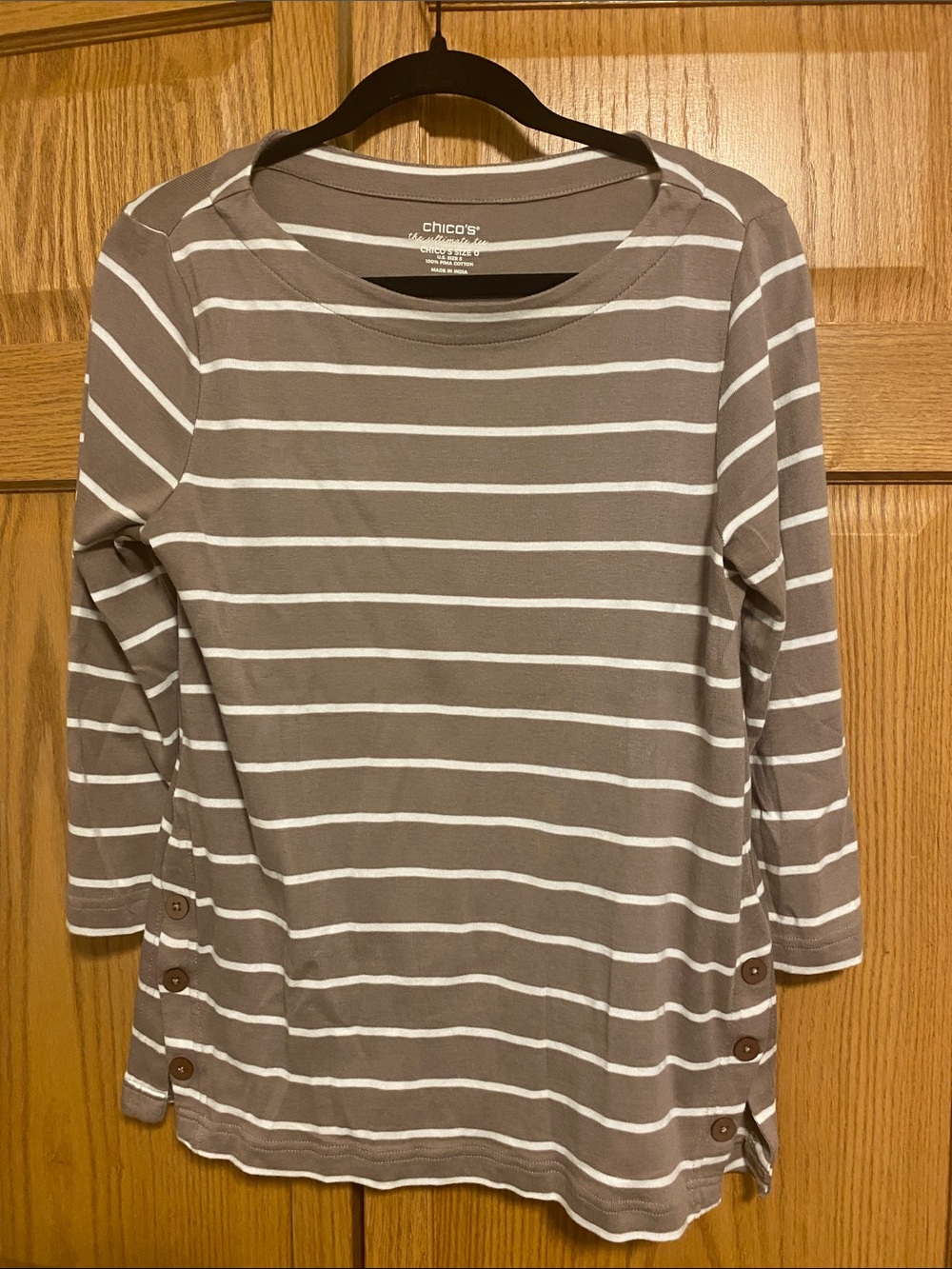 Chico's Taupe and White Striped Long-Sleeve Button-Hem Tee